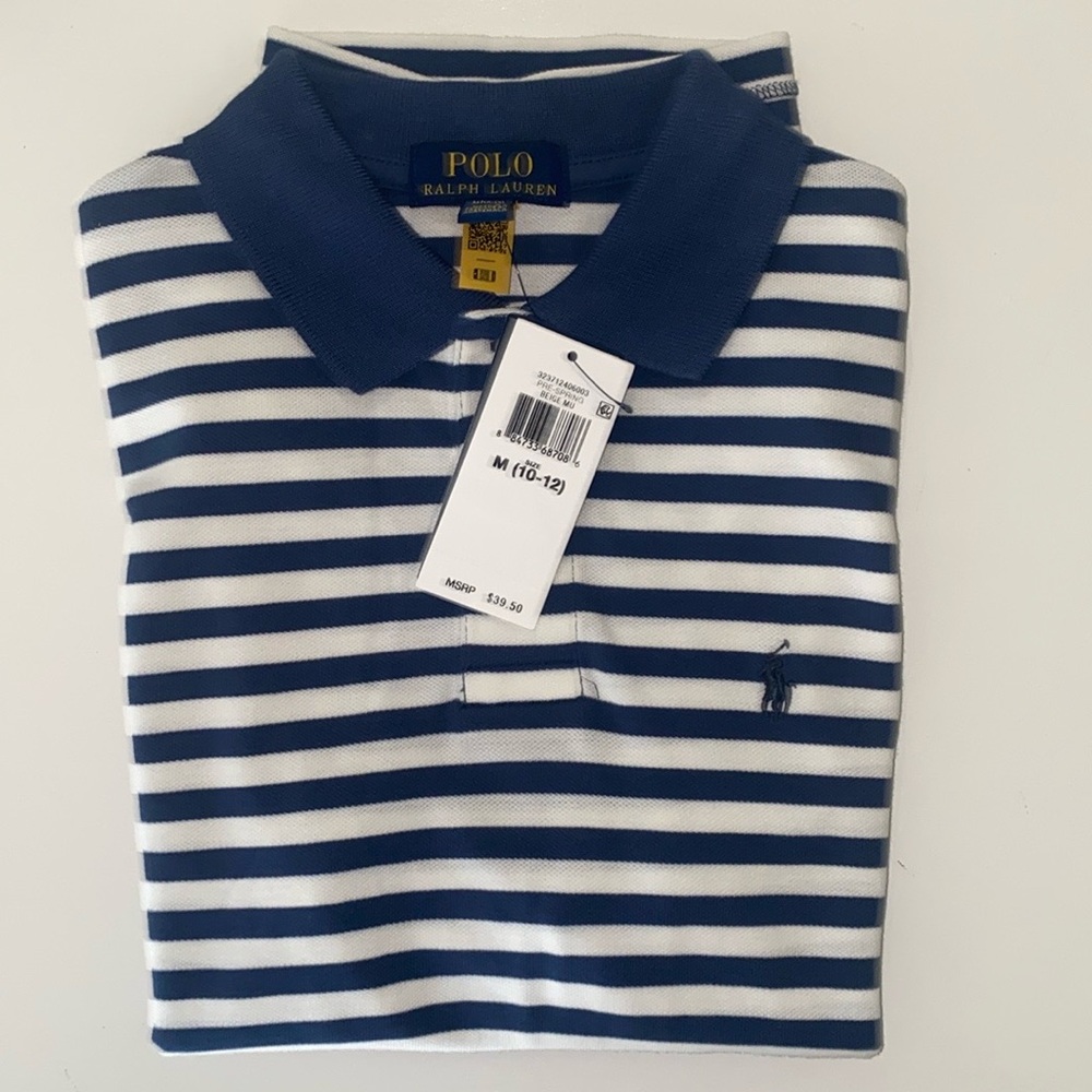 BIG BOYS M (10-12) POLO Ralph Lauren Short Sleeve Shirt Navy Blue/White stripe